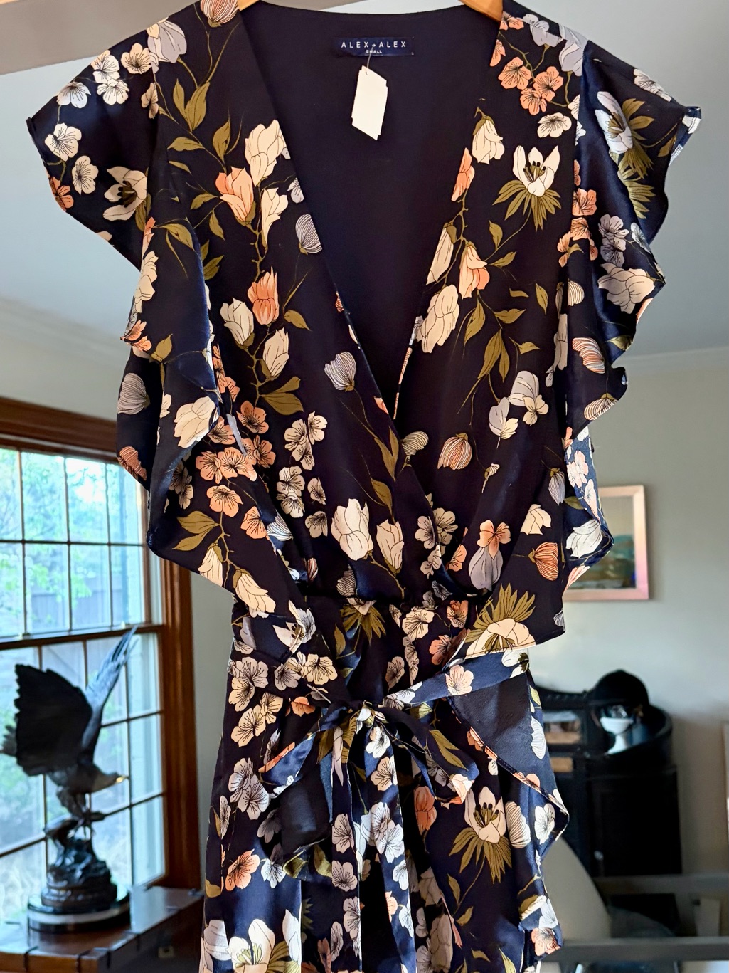 Navy Floral Tie-Waist Romper Satin Small
